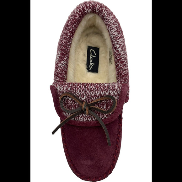 Clarks Suede Moccasin Slippers with Sweater Trim Burgundy - Medium - Picture 2 of 3